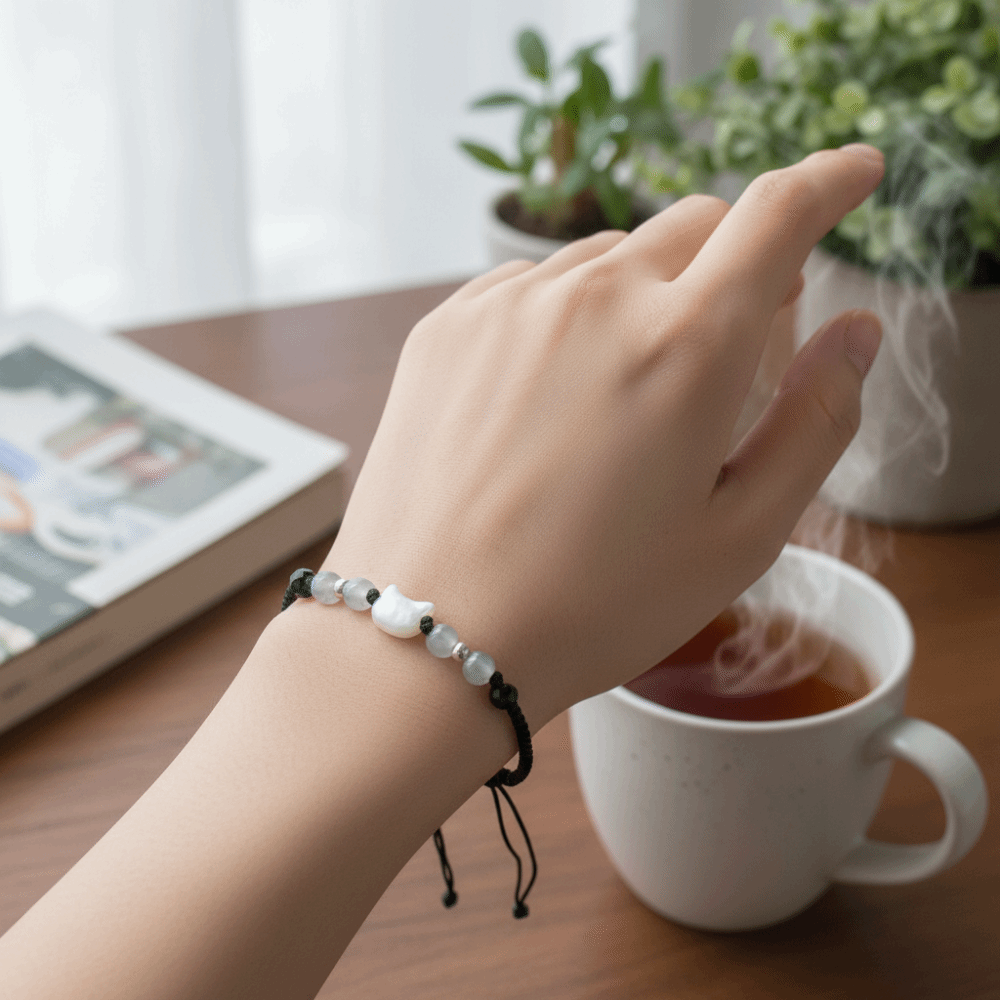 Cute Couple Bracelet with Minimalist Moonstone and Obsidian Design